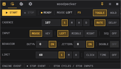 Woodpecker Clicker panel showing cadence, mouse input, timing variation, and run limits