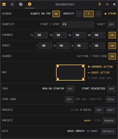 Woodpecker Settings panel showing hotkeys, corner guards, edge guards, and presets