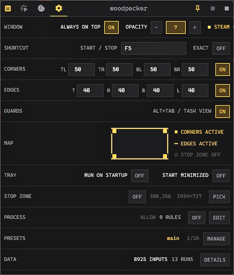 Woodpecker Settings panel